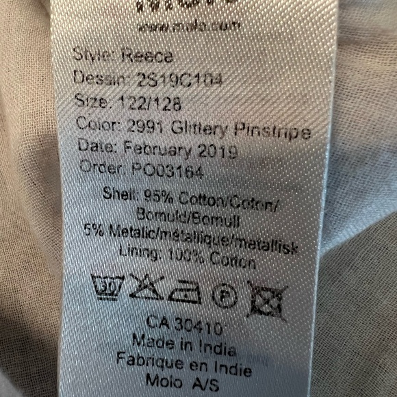 Molo girls cute white top with metallic pinstripe and ruffle collar size 7/8 - Picture 10 of 10